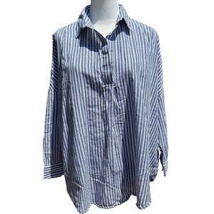 French Connection Blue Striped Button-Front Shirt Large Cotton High-Low Hem
